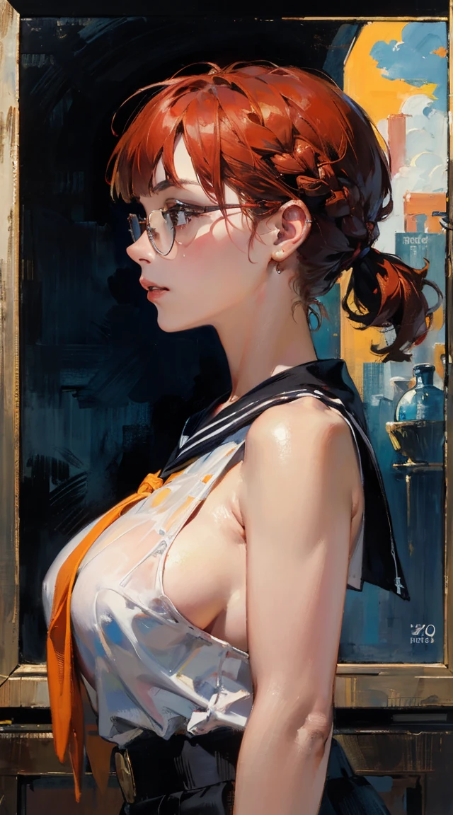 (Oil painting style:1.2), (Woman working at a gas station:1.5), (1girl in:1.3),solo,Gas Station Uniforms, Brown hair, Refueling, Award Winning Painting, customer service, Smiling, (8K, 16K, Super Detail), Best Quality:1.2, hight resolution, masutepiece:1.4, Hyper-Realism, high details, High quality, awardwinning, Textured skin, Anatomically correct, nffsw,(Detailed hand),(detailed finger:1.1),Painted with impasto technique,part time job,oil stains,
((masterpiece)), high quality, very_high_resolution, large_filesize, full color, heavy outline, clear outline, colorful, (beautiful detailed eyes), (beautiful face:1.3), (boyish face:1.3), 1 girl, (femaleranma), (red hair), short hair, (braided ponytail), ((bangs)), bumpy bangs, blue-gray eyes, big breasts, curvy, femaleranma, braided ponytail, (red chinese clothes), sleeveless, tangzhuang, black pants, cameltoe, standing, upper body, ((from side:1.4)), ((portrait:1.8)), ((face focus:1.4)),  Scary monsters, Upper body photo (elegant) Vampire woman standing on the roof under the red full moon,, Wearing an orange Halloween costume, (The fusion of orange sailor suit and work pants:1.3), (Orange themed clothing:1.3), wear glasses, shut up,looking at the audience, (on the table, best quality:1.2), absurdists, Perfect work of art, Popular on artstation, Very detailed, fine, (current, Reality:1.37), portrait, There is light on the face, Delicate face, night, night situation, night time, (moonlight:1.3), current, Super sharp, Super detailed, Bob short hair, ppixie hair, Parted bangs,huge , Crazy breast swelling, Chest larger than shoulder blades, Big breasts and thin waist，(huge breasts:1.2)，Hydrated skin（（rogue））（（Very huge breasts）），（（Grooves reveal original skin））　　(absurdres, highres, ultra detailed),(absurdres, highres, ultra detailed), 1 girl, ((14 year old)), finely detailed eyes and detailed face, warm smile, (low single side twintail bum with blunt bangs hairstyle), sneakers, cute expression, ((anime character sheet)), (((f