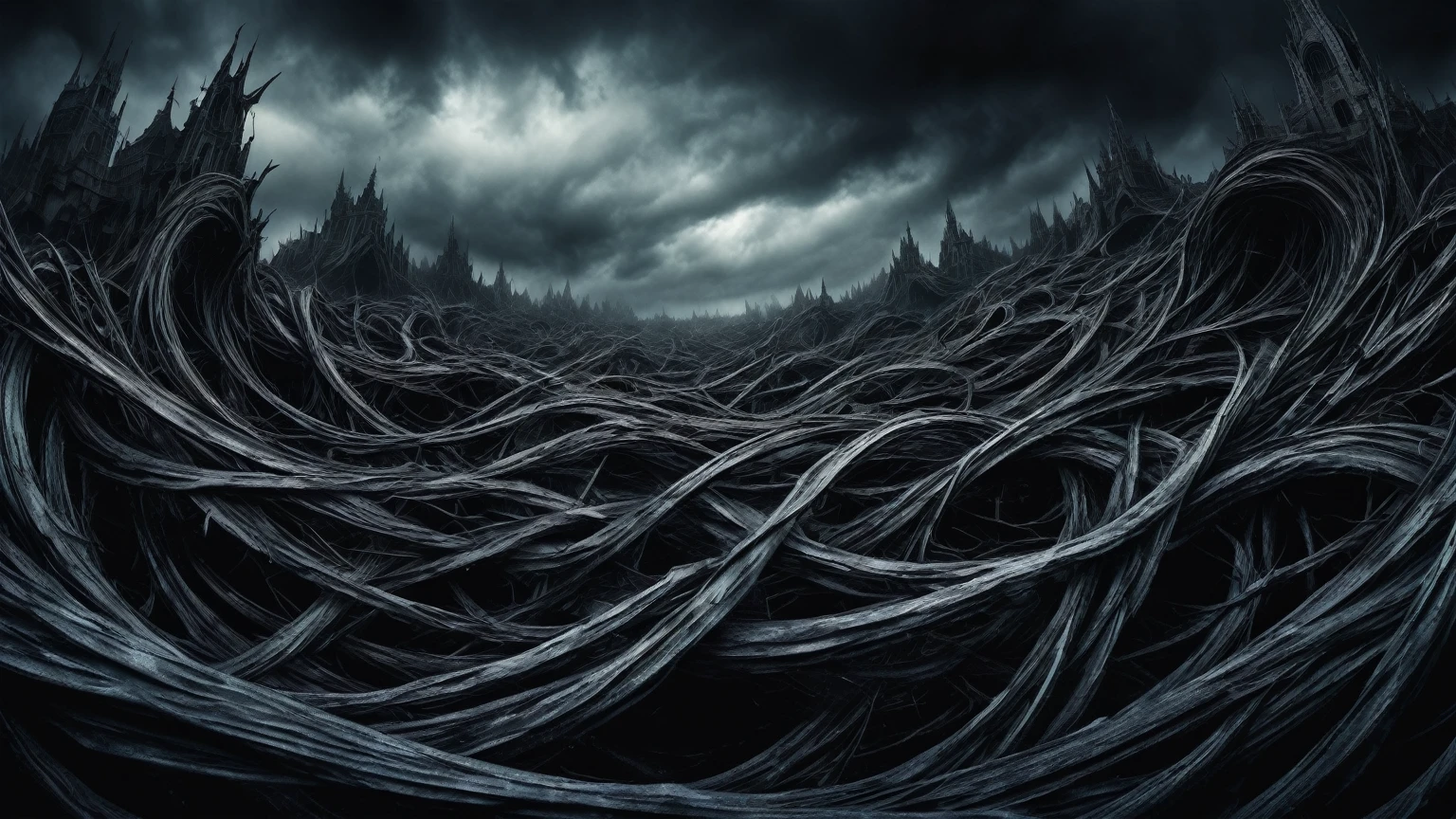 twisted And distorted dark realm of nightmares, panoramic background, horror