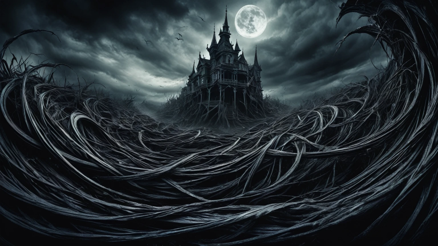 twisted And distorted dark realm of nightmares, panoramic background, horror