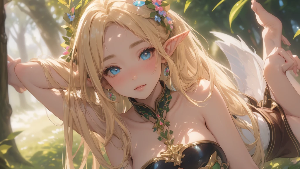 work of art, ultra creative, epic details, ultra detaild, best resolution, Woman, archer, blonde, (Beautiful nymph), ( robust wreath of leaves and pink and blue flowers), sculptural body, (brown clothes made of leather), ((perfect hands))), scenario:Enchanted Forest), no mistakes, (((epic details na face))), (((ultra perfect eyes)))