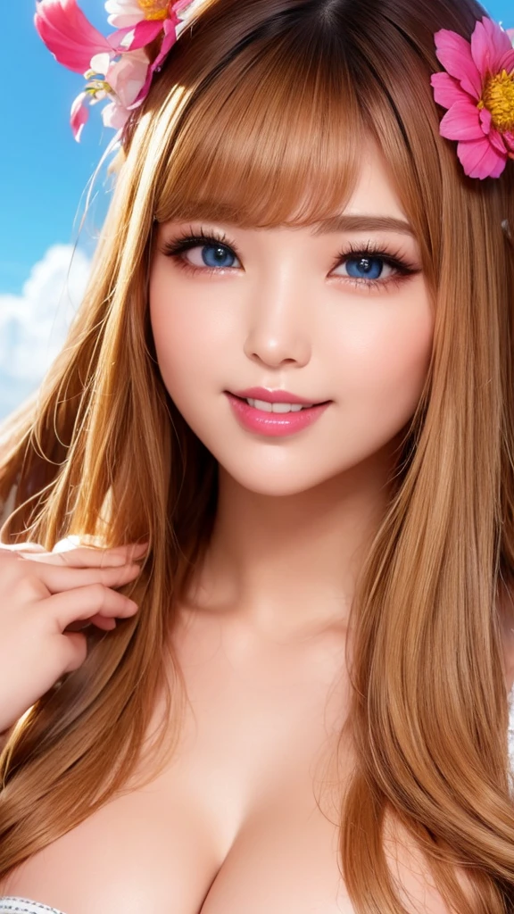 Beauty, Mystical Eyes、Big 、Super sexy、Pale skin、Shiny Hair、Super long hair、Loose and fluffy perm、Close to blonde、Are fat、fat、smile、Heavy makeup、Pink lipstick、Thick lipoisturized lips、Plump、Voluptuous、Indian、spring、Blue sky、White cloud、looking at the camera、Has bangs、Bangs fall on the forehead、Heavy makeup、Heavy makeup、The face is dark、Exotic Face