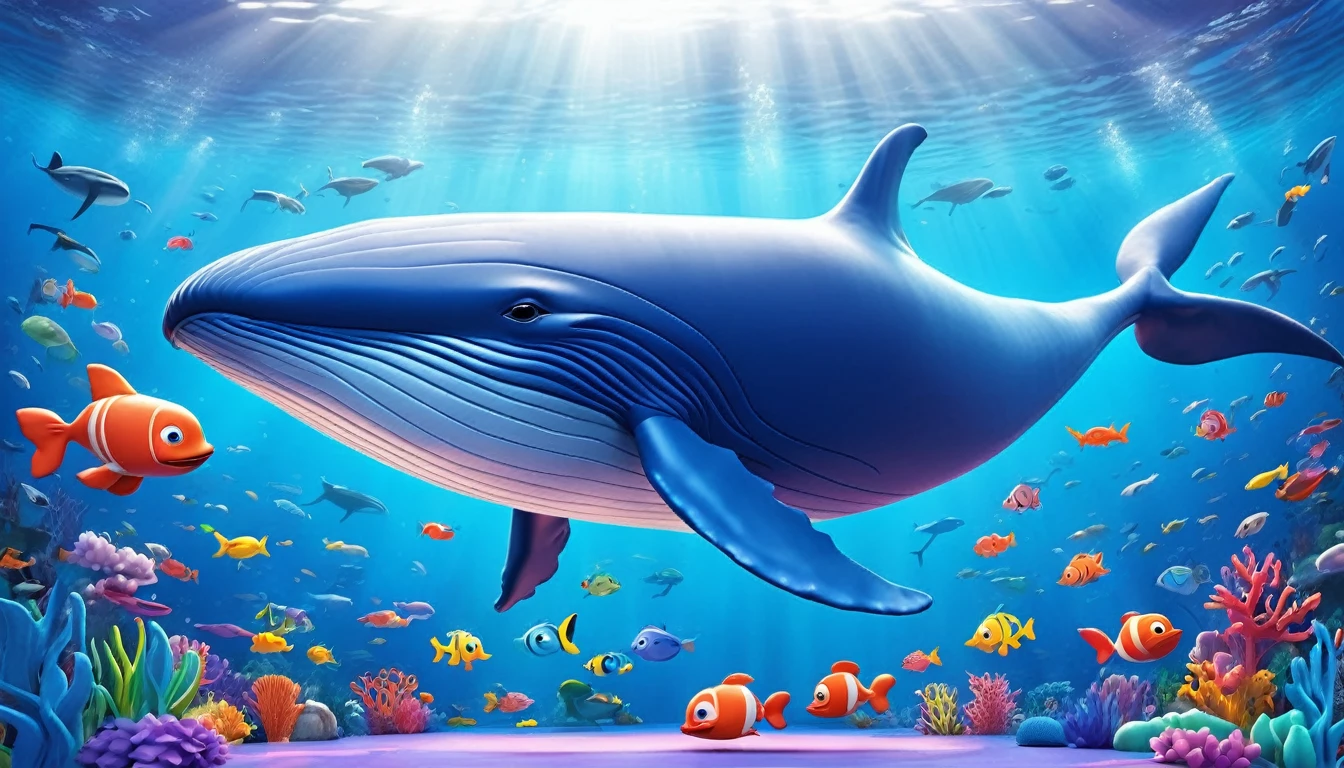Create a 3-D Pixar style art scene for kids featuring a blue whale with a heart as big as a small car next to it. The scene should be colorful and vibrant, with an ocean background, coral reefs, and schools of fish. The overall mood should be engaging and inviting for young children.