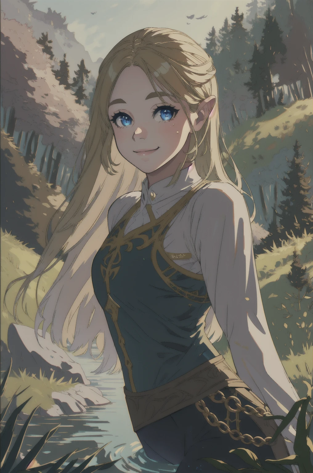 princess zelda, plain forest background, masterpiece, solo, best quality, beautiful eyes, blue_eyes, blonde_hair, smile, medium_breasts, bangs,  looking at viewer, smile, closed mouth, water drops, Ultra detailed fantasy environment, [mountains:forest:0.3], hyper realism, 8k, clearly worked out detail, intricate, cinematic,  masterpiece, 1girl,  