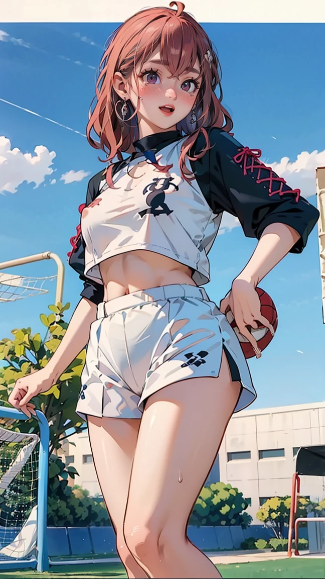 ((((highest quality)))), (((Ultra-precision CG 16K))), (((masterpiece))), (((Very detailed))), (((Extremely detailed))), (((Black outline:1.3, Written boundary depth:1.3 , Written soft outline))), Blur, Bokeh, Maximum clarity and sharpness,Multilayer Texture, Surface Shading, Cinematic lighting, Beautiful details sparkle ,Perfect Proportions, Limited to three woman, BREAK accurate, Anatomically correct, Highly detailed face and skin texture, drawn in detail, Highly detailed facial and skin texture, Detailed eyes, beautiful hair, Beautiful Japanese Idol face, Beautiful and beautiful eyes, Beautiful body, Beautiful breasts, Beautiful thighs, Beautiful legs, Beautiful fingers, (Beautiful views) , skinny body, ((Beautiful Skin)), ((Skin Texture)) BREAK breast enlarged, large Breasts, rocket breasts, (((perky breasts))), covered nipples ,slender waist, (laughing, narrow eyes, blush, determined expression, hot, sweaty , Heavy breathing,) BREAK (((no-bra, wearing oversized football uniform, sportswear, low rise hot pants with slits, no-sleeve, breast is covered by outfit))) , wearing earrings, BREAK ( stick breast out),((( a woman standing on the playground holding your knees:1.3, a girl trap the soccer ball with chest, stretching out ,looking at viewer, from below))),
