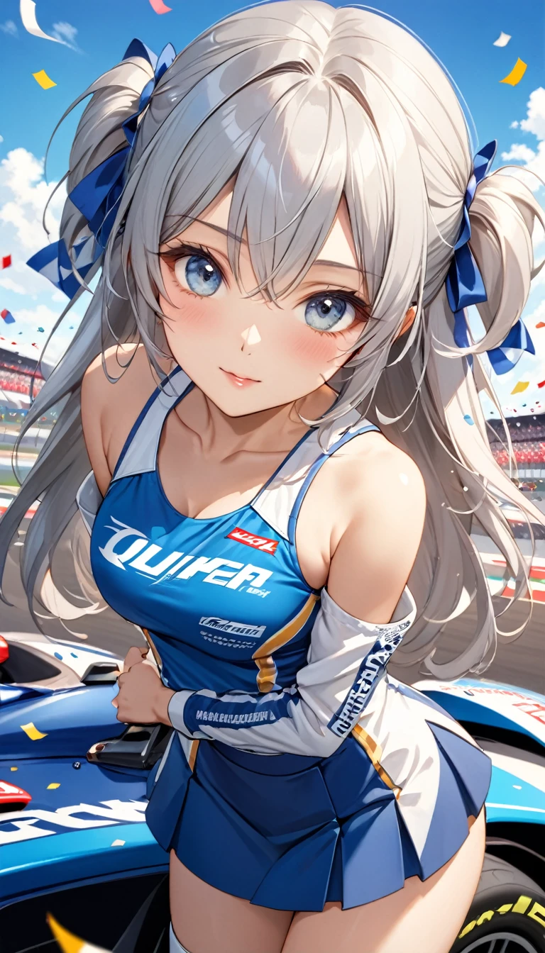 A woman wearing a race queen outfit, blue with white details, blue leather boots, long white hair, race queen hat, purple eyes, ponytail hair, sitting on a car seat, inside a race car, interior of the perfect racing car, perfect seats, holding the steering wheel of the car perfectly, perfect steering wheel, high quality, very detailed, smiling. UHD , prime work , accurate , anatomically correct , textured skin , super details , high quality , best quality, 8k, high resolution, bokeh effect. (woman alone), view close.