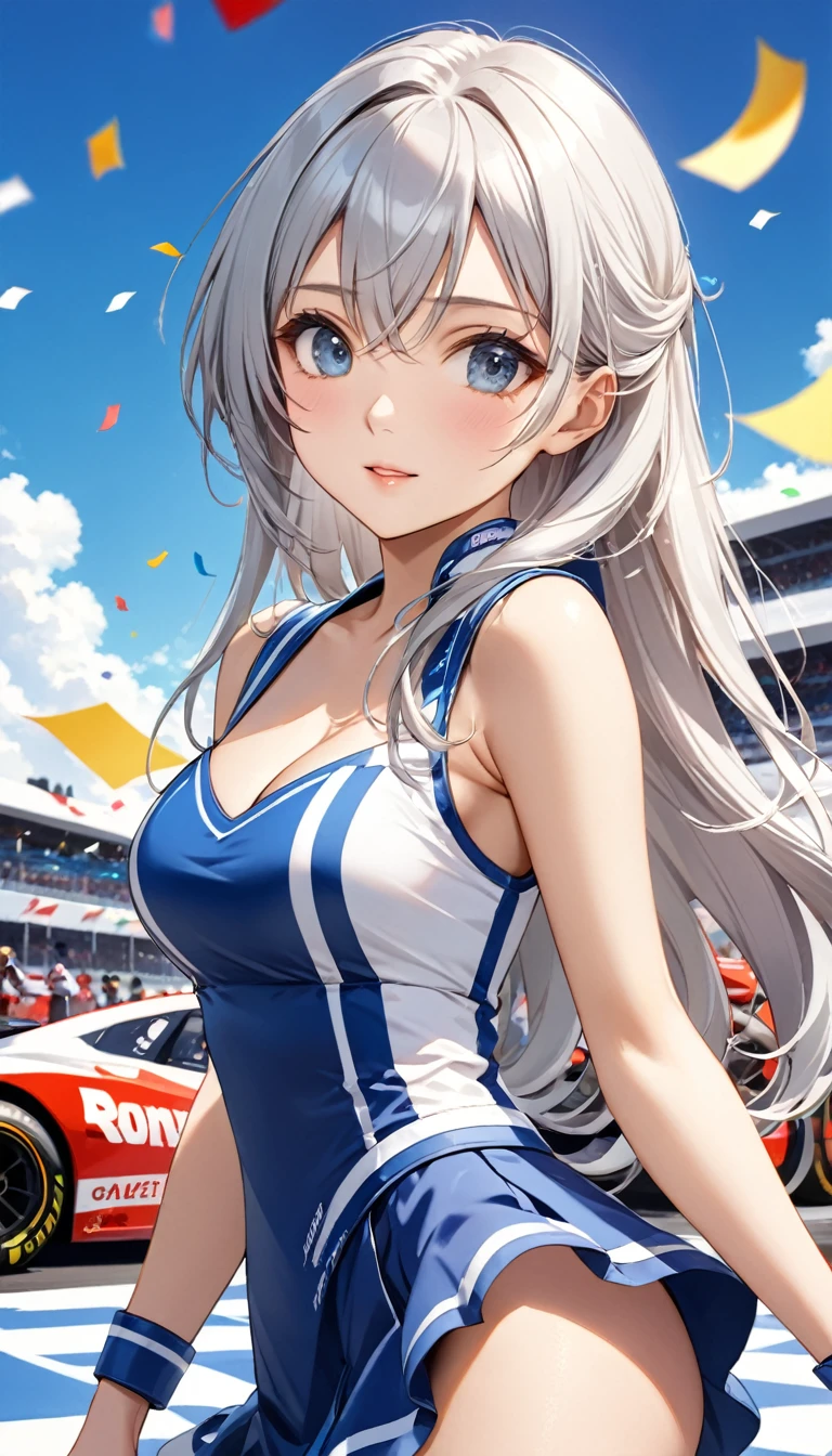 Highest quality, Highest quality, 16K, Unbelievably absurd, Very detailed, 2.5D, delicate and dynamic, blue sky, Confetti, Racing Car, Checkered Flag, Small face, Very delicate facial expressions, Delicate eye depiction, Upper body close-up, Only sexy women, Healthy body shape, 22-year-old woman, Race Queen, Height: 170cm, Big companies go bankrupt, Silvery long hair, Sexy long legs, 派手なRace Queenのコスチューム, Blue long skirt, White Leather Long Boots, Formula 1, Auto Racing Track