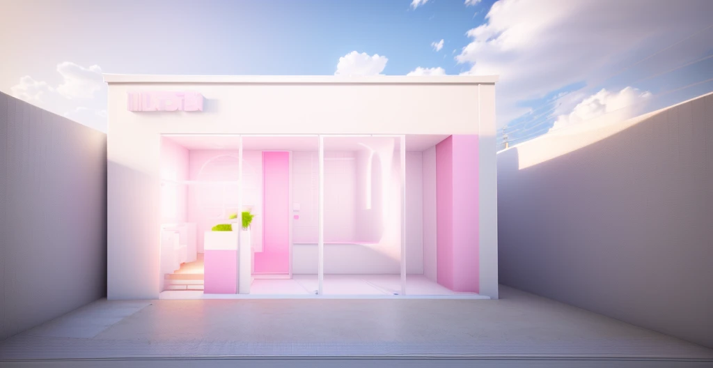there is a small white building with a pink wall and a white floor, rendered in enscape, rendered in 3 dsmax, kawaii hq render, front perspective, vue 3d render, 3 d finalrender, 3d finalrender, rendered 3d model, octae render, 3d rendered model, a 3D render, 3 d concept render