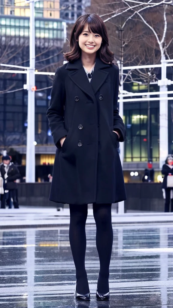 Full-body photo of a cute Japanese weather forecaster wearing a black pantsuit and coat, pumps,A girl broadcasting live with a microphone,Broadcasting with a microphone outdoors in Tokyo in winter,Standing in front of Tokyo Station,wearing pumps and black tights,masterpiece
