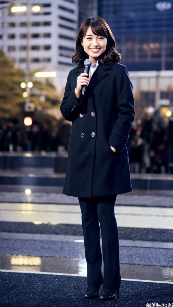 Full-body photo of a cute Japanese weather forecaster wearing a black pantsuit and coat,Medium Hair, pumps,A girl broadcasting live with a microphone in both hands,Broadcasting with a microphone outdoors in Tokyo in winter,Standing in front of Tokyo Station,wearing pumps and black tights,masterpiece