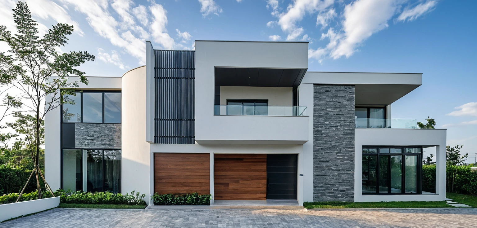 Raw photo, masterpiece, high quality, best quality, realistic, super detailed, outdoor, " 2-storey house " , modern Mezzanine house style, (white wall), curved wall facade, aluminum interior door glass, curved planter, gray tiled accent wall, gray iron box exterior gate, road, sidewalk, grass, trees, sky, clouds, (daylight):1.1)