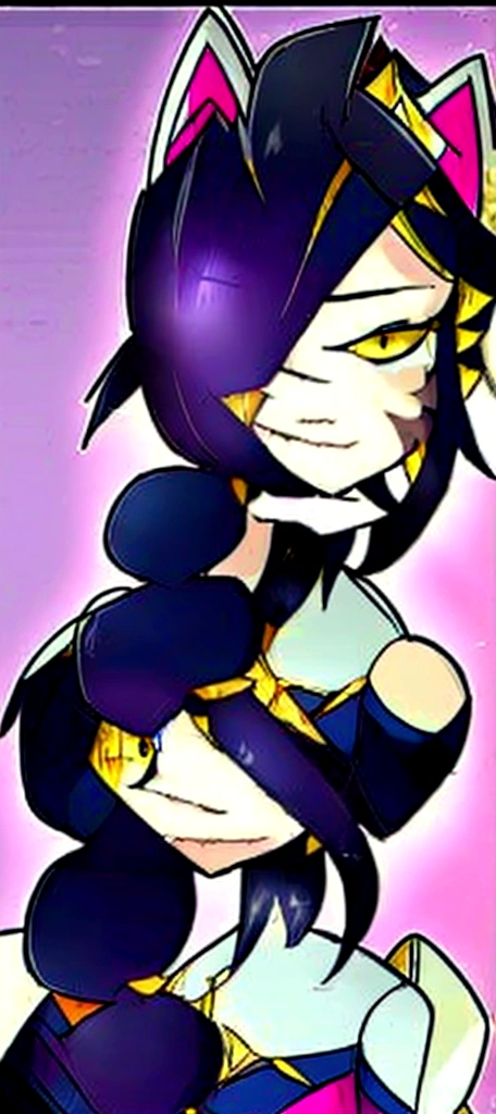 1 girl, Alone, wide, looking at the viewer, black fur, bandage on face, yellow eyes, animal ears, SMILE, bandage on nose, braid, cat ears, bandage, hits, old, fake animal ears, simple background, Open mouth, canine, , bare shoulders, SCAR, teeth, shirt, bare shoulders, white shirt, short sleeves, Closed mouth, t-shirt, hair over one eye, portrait, if, hair over the shoulder, Bermuda,