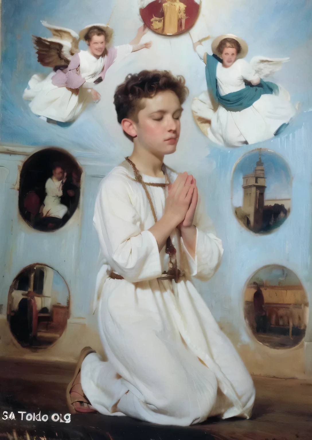 young boy kneeling in prayer with angels above him, christian saint rosace,wears white old roman clothes, ultra realistic , high resolution, stunning, realistic ima
