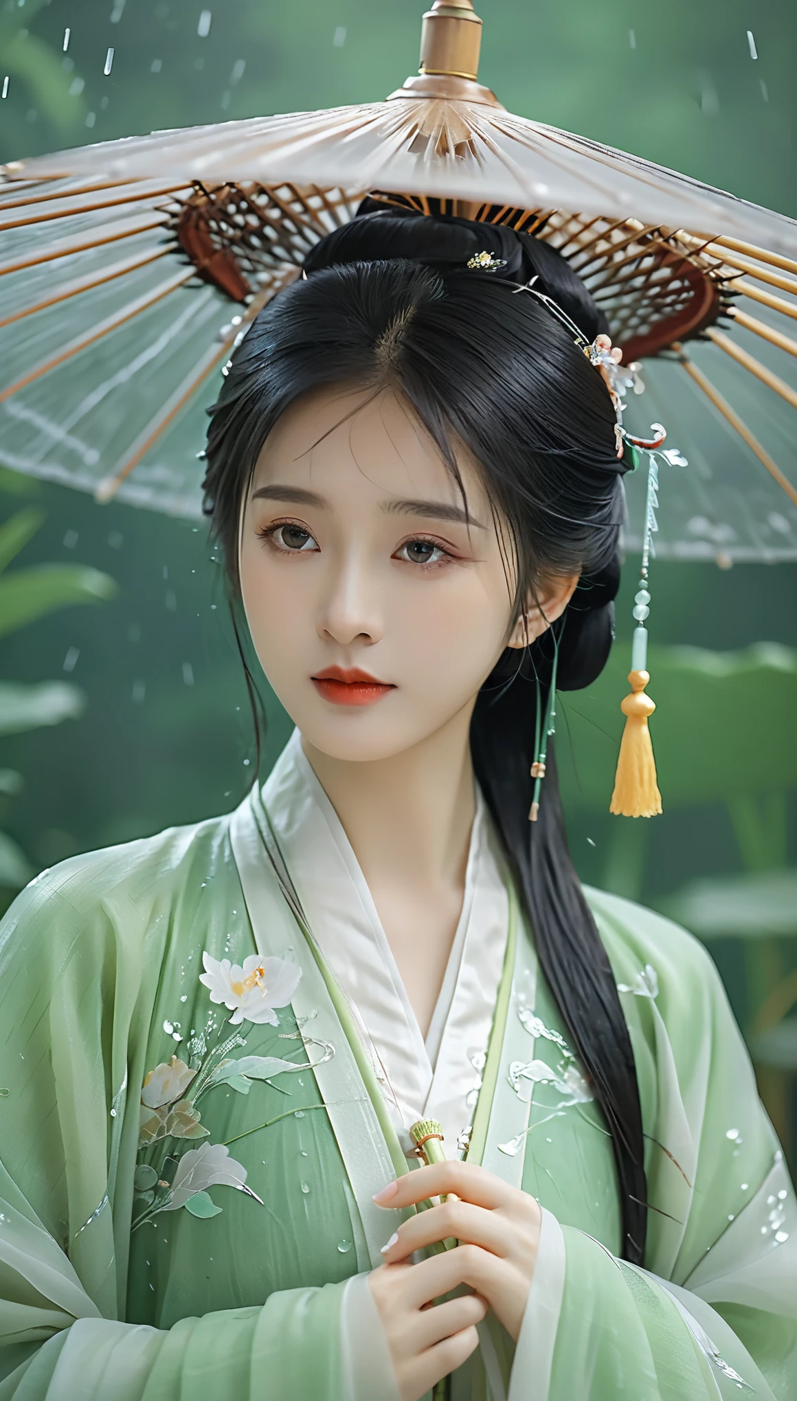 Masterpiece,8k,a Chinese style girl,oil-paper umbrella,hanfu,rain,light jade,ethereal Youhong,elegant,detailed design,chinese clothes,rain,light green tone,Textured skin,skin granules,