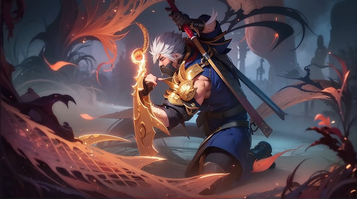 a close up of a person with a handsome face and a sword, Masterpiece, ultra HD, detailed all picture, a close up of a Ninja Exorcist, Hayabusa from mobile legend, good, extremely detailed artgerm, mobile legends character, inspired by Hayabusa, Six pack chest and abs,sword above the chest, light red eyes, glare,And naked