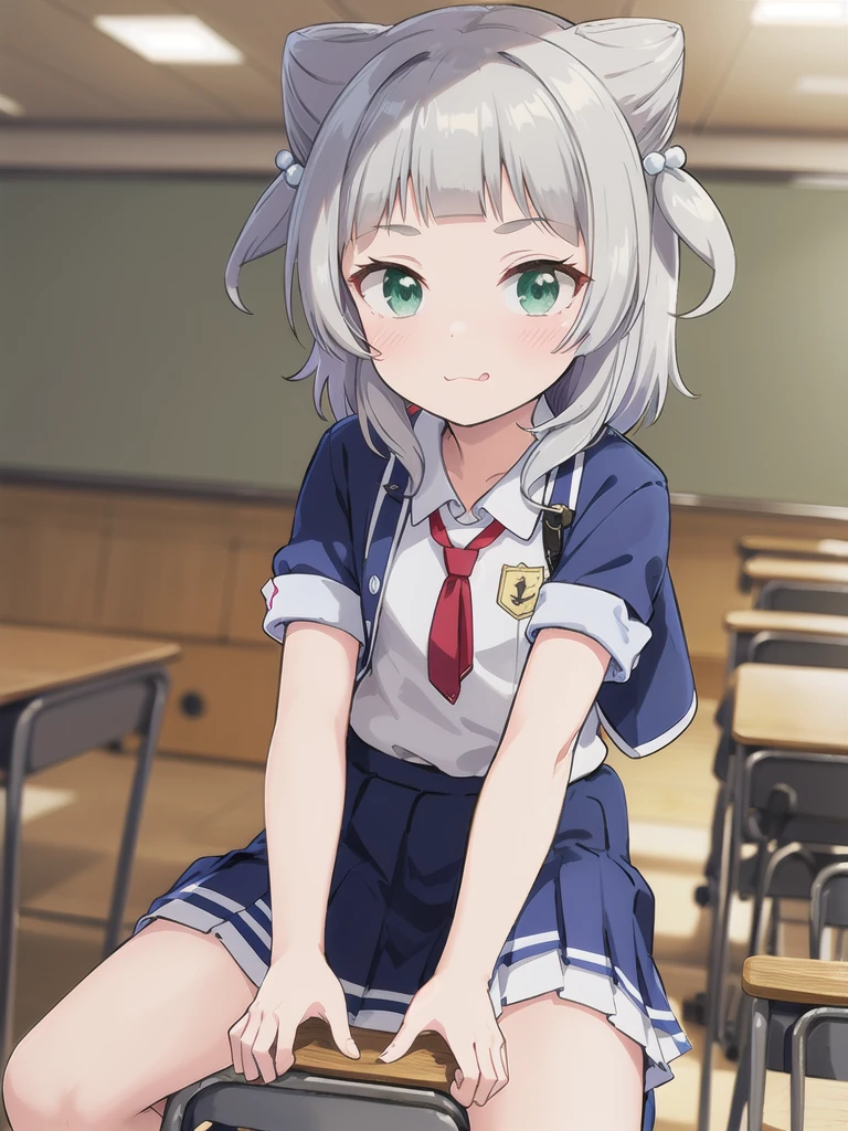 1girl, Green Eyes, Grey Hair, hair ornaments, Animal ears, Small breasts,uniform,Navy Blue Blazer,White shirt,Pink ribbon,Grey Skirt,No underwear,{{1boy,cunnilingus}},