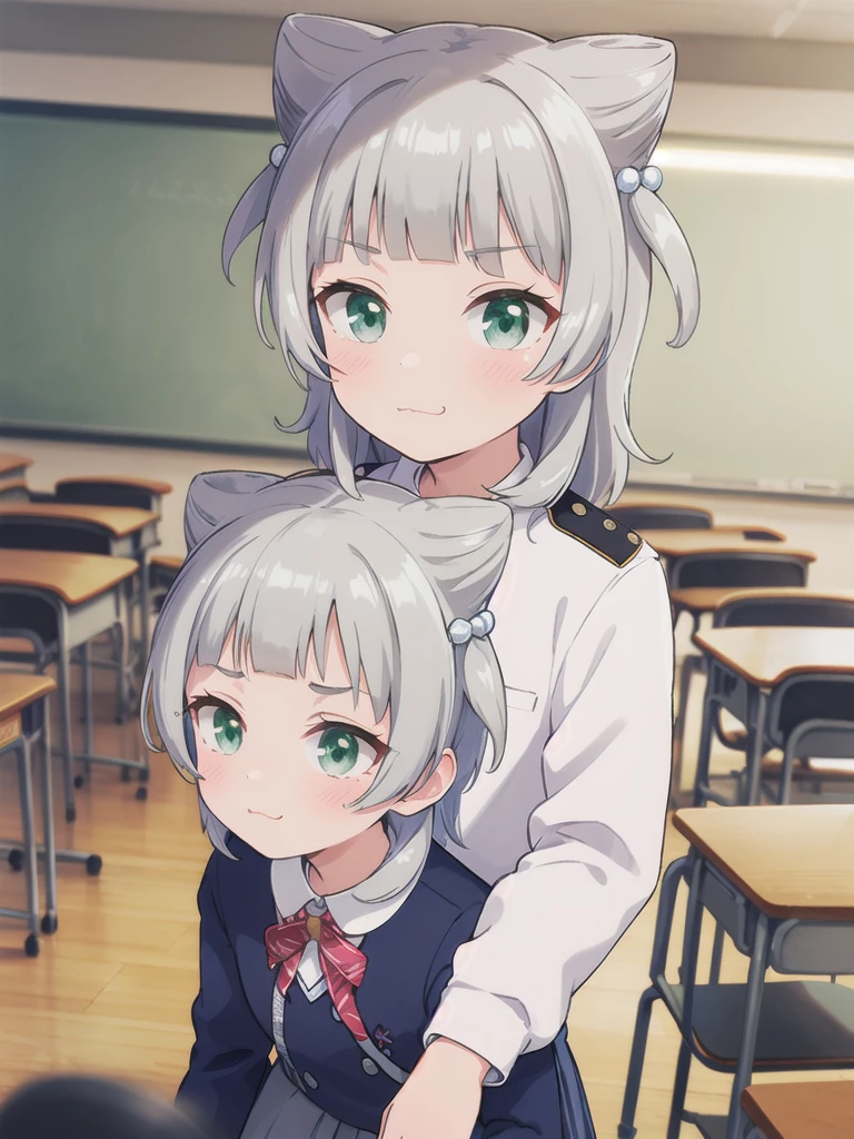 indoor,((classroom)),,Focus from below, Green Eyes, Grey Hair, hair ornaments, bangs, Virtual YouTuber, blunt bangs, Double Bang, Animal ears, Flat Chest,uniform,1boy,Piggyback ride,