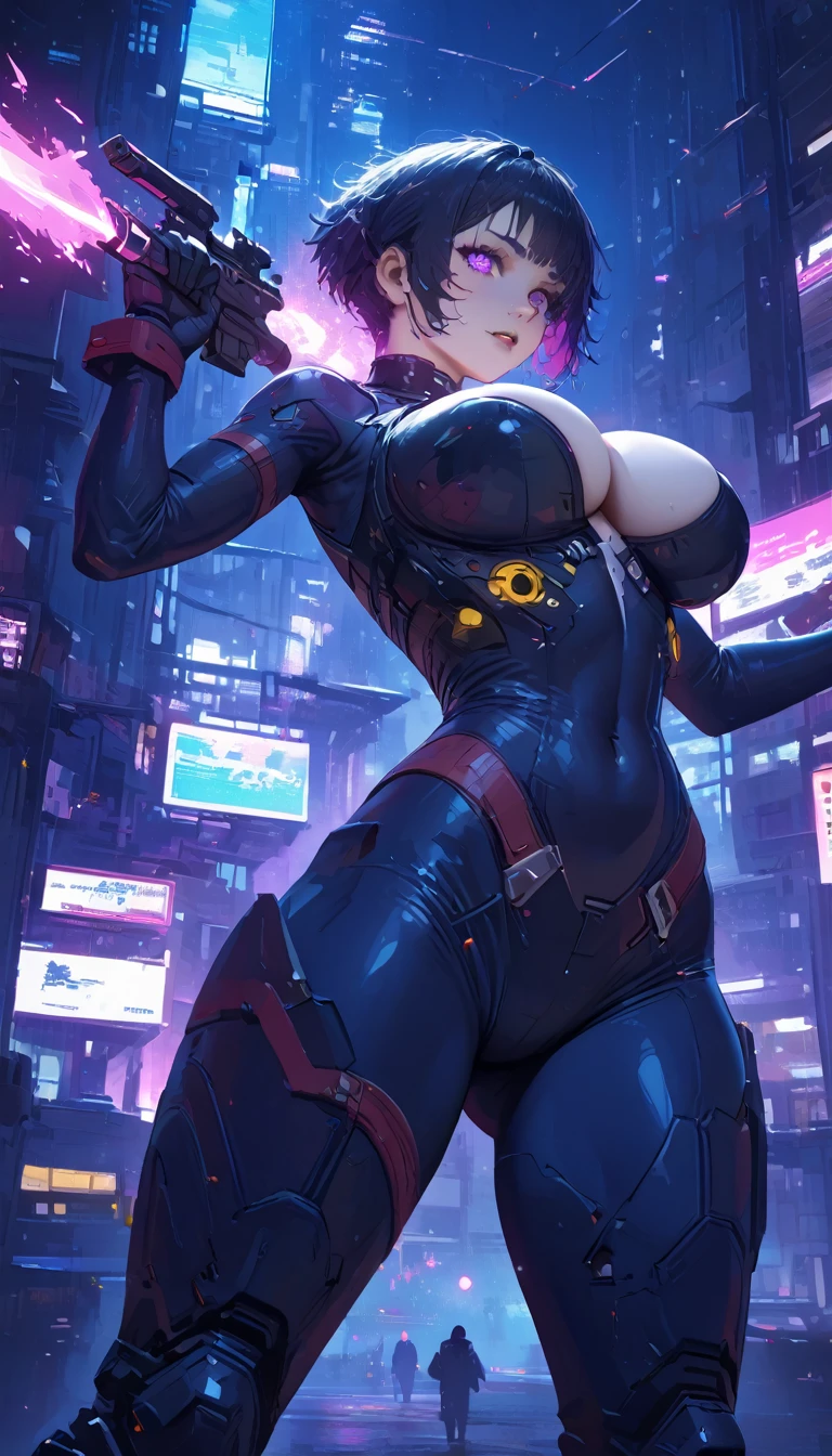 best quality,4k,8k, highres, masterpiece:1.2), extremely detailed eyes, extremely detailed body, (large masterpiece digital art), (detailed manga illustration), (detailed line art), ((perfect anatomy)), (intricate details:1.3), (ultra-detailed:1.3), (illustration:1.3), (sharp focus:1.3), (natural lighting:1.05), (vivid colors:1.3), (masterpiece), (best quality:1.4), (perfect anatomy:1.4), high quality, expressive eyes, full body, tall girl, detailed face, beautiful face, perfect face, breasts, cleavage, gloves, huge breasts, cyberpunk, (black armor), short hair, ((pale skin)), messy hair, detailed (black hair), detailed eyes, (violet eyes), hourglass physique, bodysuit, thick thighs, toned, emblem, superhero, dynamic lighting, 4k resolution, dynamic pose, weapon, energy weapon portrait, Jeff Bridges, ((cartoon style)), Marvel Cinematic Universe style, (((cyberpunk city in the background))), soft bokeh of futuristic city, Atey Ghailan, Jeremy Mann, Greg Manchess, Antonio Moro, trend in ArtStation, trend in CGSociety, Intricate, High Detail, Sharp focus, dramatic and photorealistic painting art by Midjourney and Greg Rutkowski, bokeh in the background