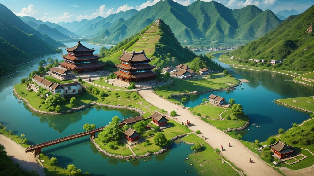 Beautiful scenery of ancient Chinese village. Aerial view, Photorealistic photos, High definition, 8K