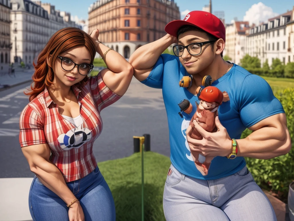 (masterpiece, best quality:1.2), A couple , boy Nino Lahiffe: Brown skin, dark hair, usually seen wearing a red cap, glasses, and casual clothing like a T-shirt and jeans, and a girl Alya Césaire: Brown skin, curly dark brown hair, often wears glasses, and typically seen in stylish, casual outfits. A casual day out with both characters in their everyday attire,Sharing a tender moment, like sitting on a rooftop overlooking Paris..(girl and boy:1), smiling, ((high resolution illustration)), ((extremely detailed)), (couple), Alya, Nino, Nino X Alya, (best quality,4k,8k,highres,masterpiece:1.2), ultra-detailed, realistic:1.37, HDR, studio lighting, extreme detail description, nino wearing a red cap, professional, vibrant colors, bokeh, ((muscular female bodybuilder)), detailed lips, strong embrace, romantic scene, intimate moment, intense passion, athletic bodies, fitness couple, gym, (((both flexing their big muscles))).