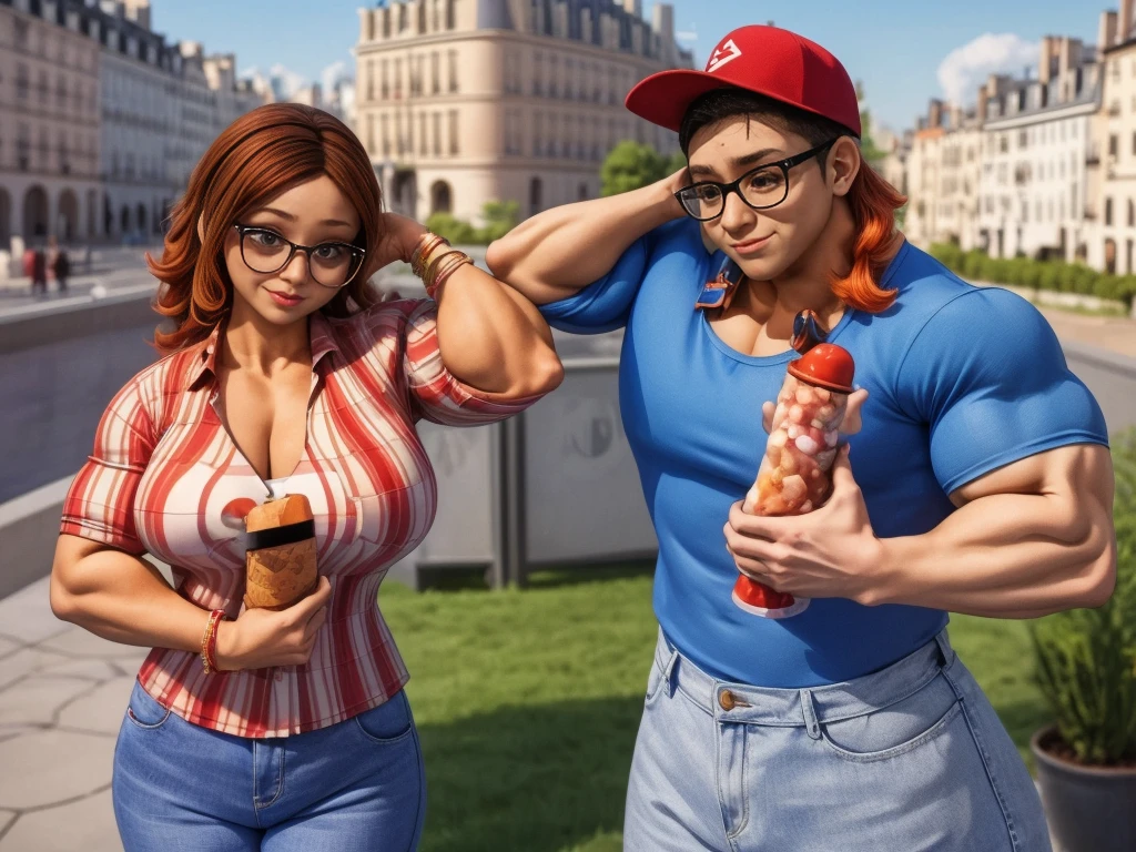 (masterpiece, best quality:1.2), A couple , boy Nino Lahiffe: Brown skin, dark hair, usually seen wearing a red cap, glasses, and casual clothing like a T-shirt and jeans, and a girl Alya Césaire: Brown skin, curly dark brown hair, often wears glasses, and typically seen in stylish, casual outfits. A casual day out with both characters in their everyday attire,Sharing a tender moment, like sitting on a rooftop overlooking Paris..(girl and boy:1), smiling, ((high resolution illustration)), ((extremely detailed)), (couple), Alya, Nino, Nino X Alya, (best quality,4k,8k,highres,masterpiece:1.2), ultra-detailed, realistic:1.37, HDR, studio lighting, extreme detail description, nino wearing a red cap, professional, vibrant colors, bokeh, ((muscular female bodybuilder)), detailed lips, strong embrace, romantic scene, intimate moment, intense passion, athletic bodies, fitness couple, gym, (((both flexing their big muscles))).