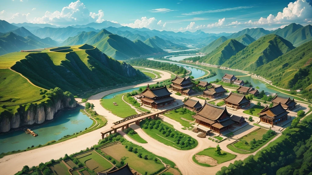 Beautiful scenery of ancient Chinese village. Aerial view, Photorealistic photos, High definition, 8K
