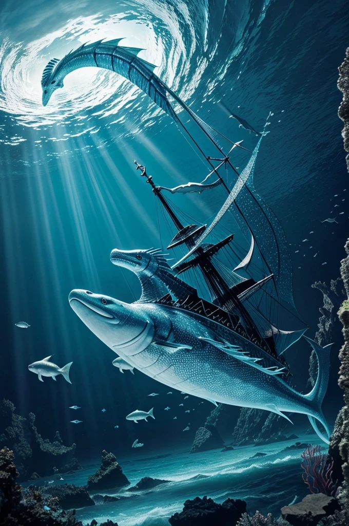 Imagine a regal Sea Dragon, with iridescent scales and elegant fins, gliding through deep ocean currents surrounded by a ghostly ship graveyard, its long body weaving effortlessly through the haunted waters.