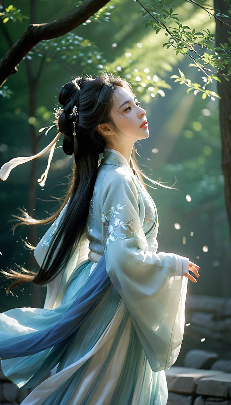 Textured skin, skin particles,1girl,hanfu,blue print,looking at view,outdoors,forest,sunlight passing through leaves,shrubs,flowers,wind blowing hair,light ray,(rimming light:1.3),