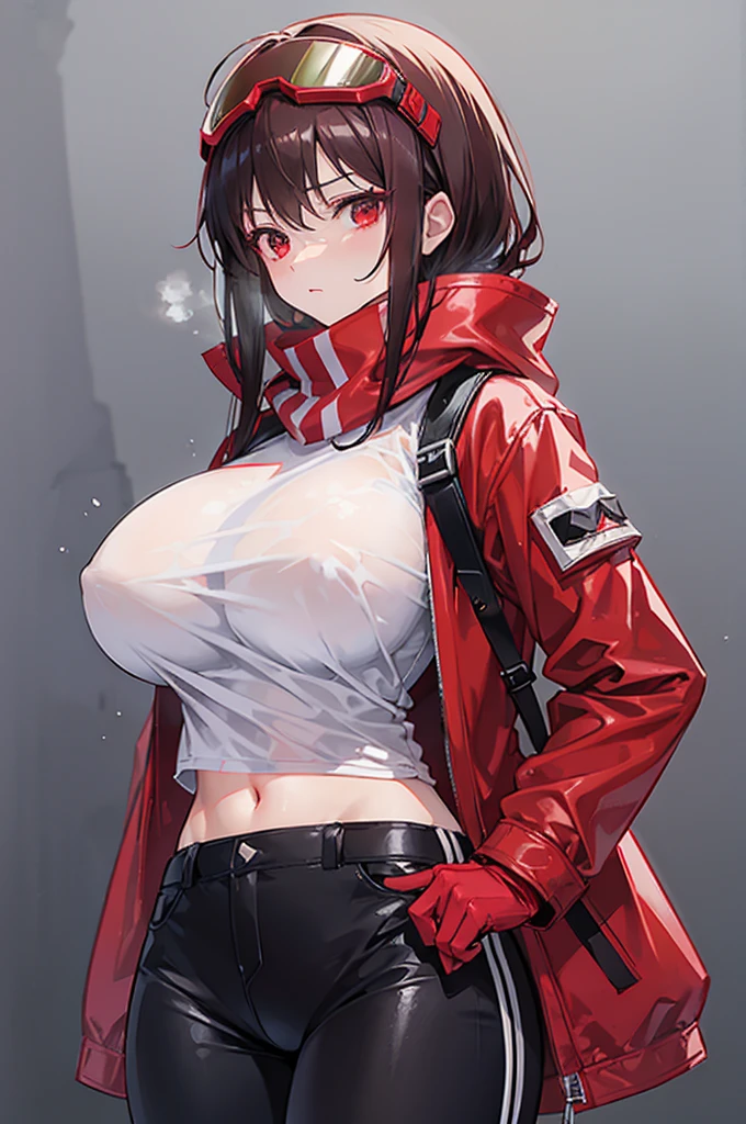 tall cute woman, massive breasts, wearing an opened red jacket with a see through white t-shirt underneath and black pants, She has short dark red hair and wears a striped red and black scarf, also wearing red headphones and a utility belt slinged across her shoulder she is also wearing ski goggles on her head. She has a cold stern look on her face and her arms behind her back. Rainy dark background,