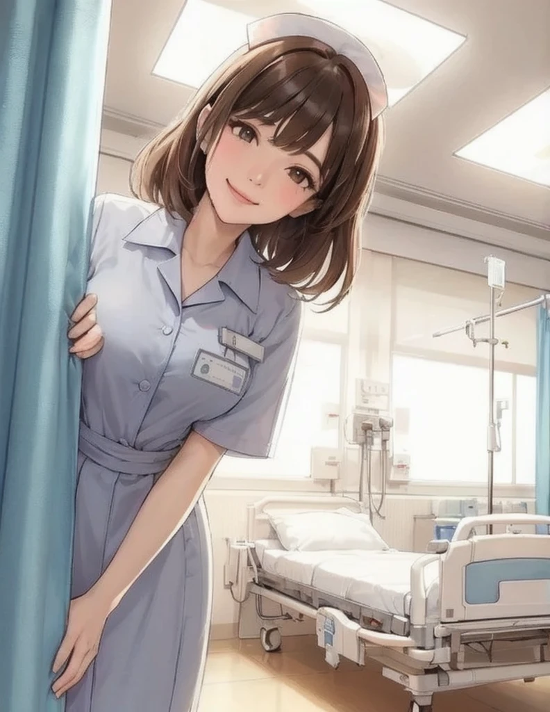 "(nsdw:1.5),,2lady solo, (looking down), (from below), (peeking out from behind partition curtain), healthcare worker, (ultra high detail satin nurce uniform:1.5) mature female, /(brown hair/) bangs, kind smile, (masterpiece best quality:1.2) delicate illustration ultra-detailed, large breasts BREAK (hospital room) indoors, (bright white ceiling:1.2), (perspective from bed:1.2), detailed background, (ultra high detail satin nurce uniform:1.5)