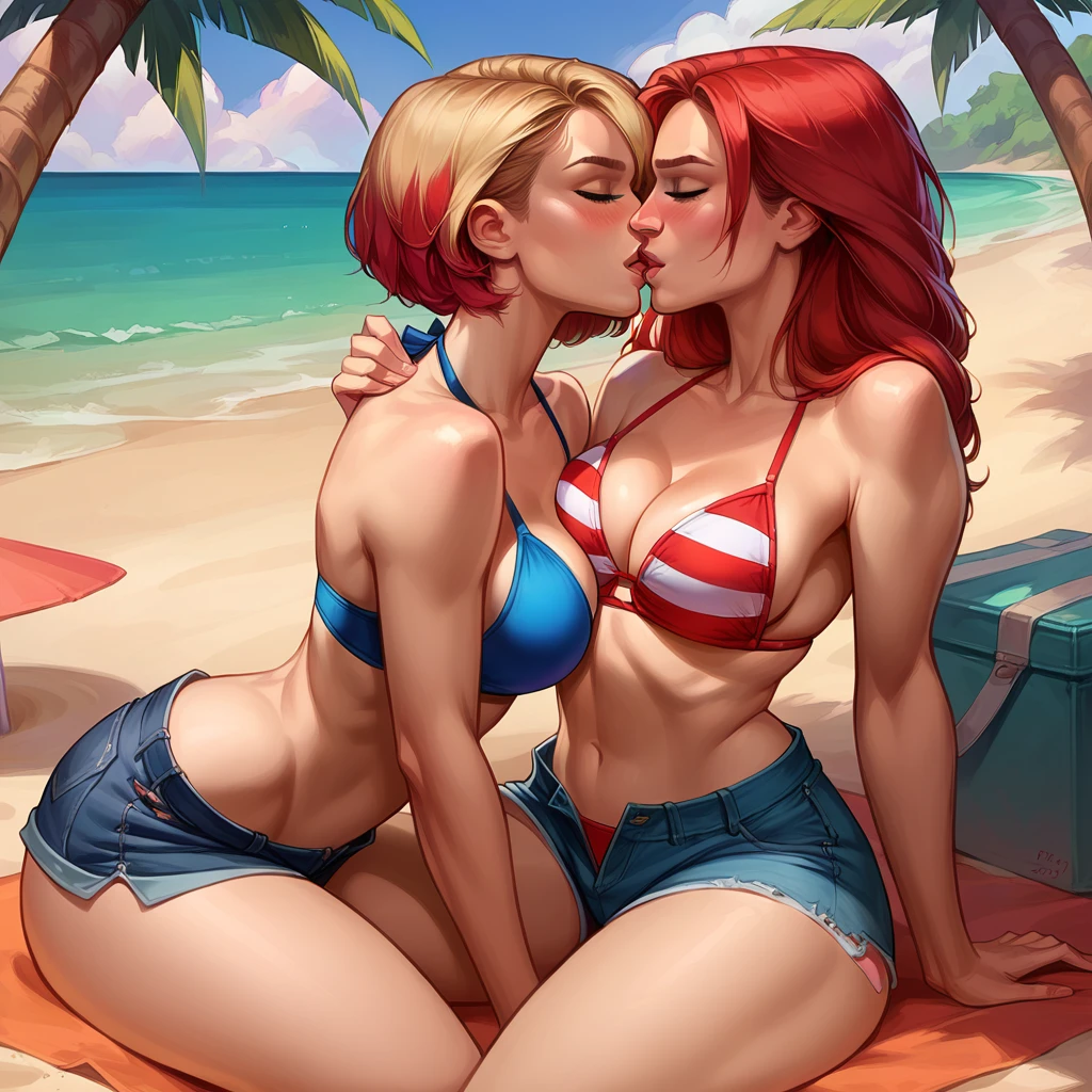 score_9, score_8_up, score_8_up, source_cartoon, 2girls, (short hair Gwen Stacy:1.0), (MJ Watson, long flowing hair, red hair:1.0), girlfriends, lovers, yuri, cleavage, bikini top, shorts, sexy thicc thighs, beach, outdoors, kissing, blush.