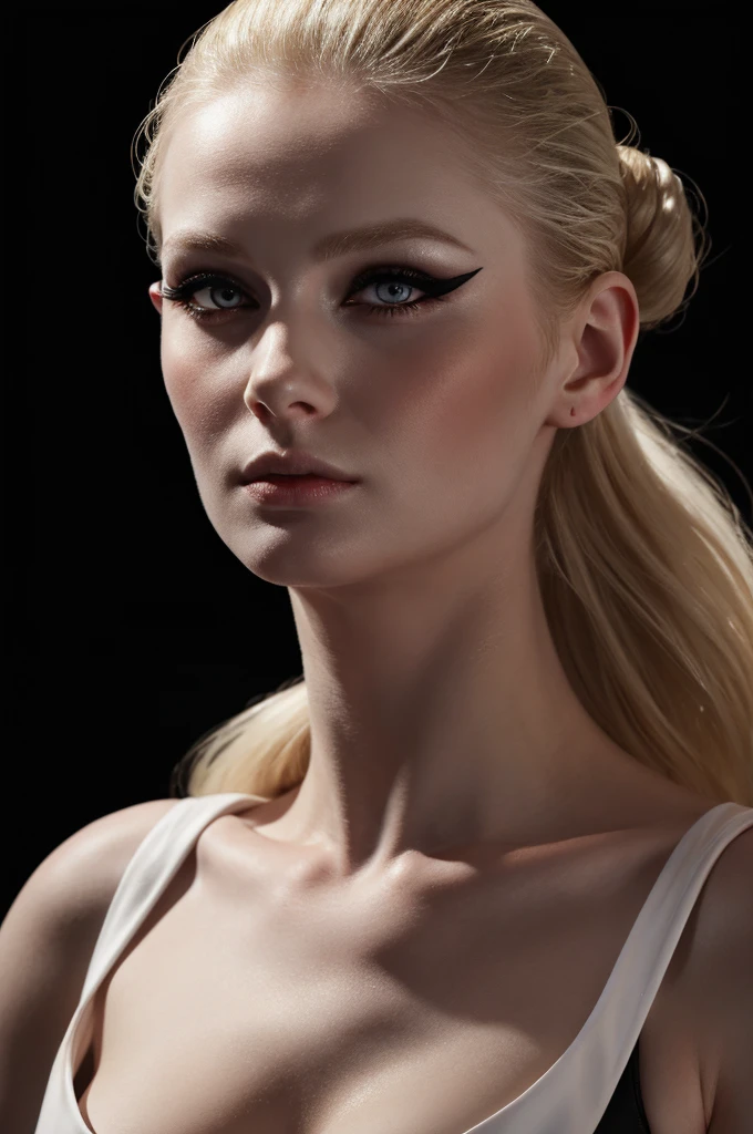 woman pretty, blonde, slicked back bun hair, blonde hair ,pale skin , eyeliner ,white skin,foxy eyeliner , makeup ,pale woman painting, beautiful light deep focus, elegant, digital painting, smooth, dramatic lighting , 8k, art , black background,black background, black wallpaper