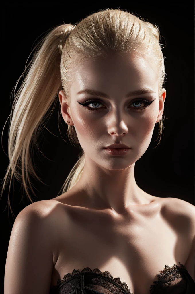 woman pretty, blonde, slicked back bun hair, blonde hair ,pale skin , eyeliner ,white skin,foxy eyeliner , makeup ,pale woman painting, beautiful light deep focus, elegant, digital painting, smooth, dramatic lighting , 8k, art , black background,black background, black wallpaper