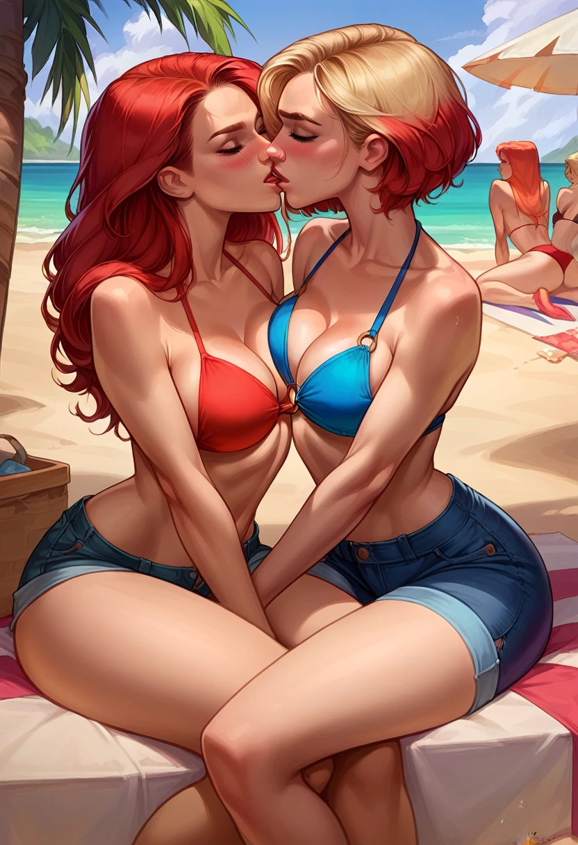 score_9, score_8_up, score_8_up, source_cartoon, 2girls, (short hair Gwen Stacy:1.0), (MJ Watson, long flowing hair, red hair:1.0), girlfriends, lovers, yuri, cleavage, bikini top, shorts, sexy thicc thighs, beach, outdoors, kissing, blush.