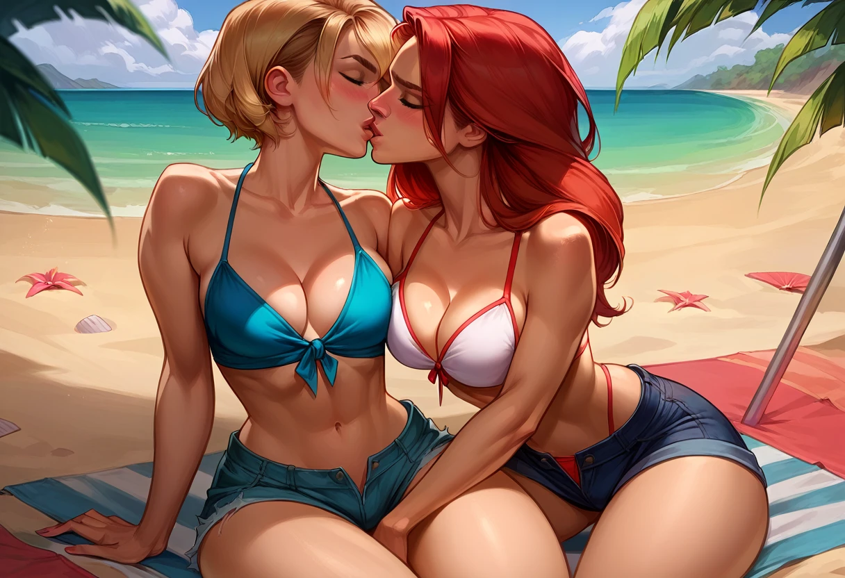 score_9, score_8_up, score_8_up, source_cartoon, 2girls, (short hair Gwen Stacy:1.0), (MJ Watson, long flowing hair, red hair:1.0), girlfriends, lovers, yuri, cleavage, bikini top, shorts, sexy thicc thighs, beach, outdoors, kissing, blush.