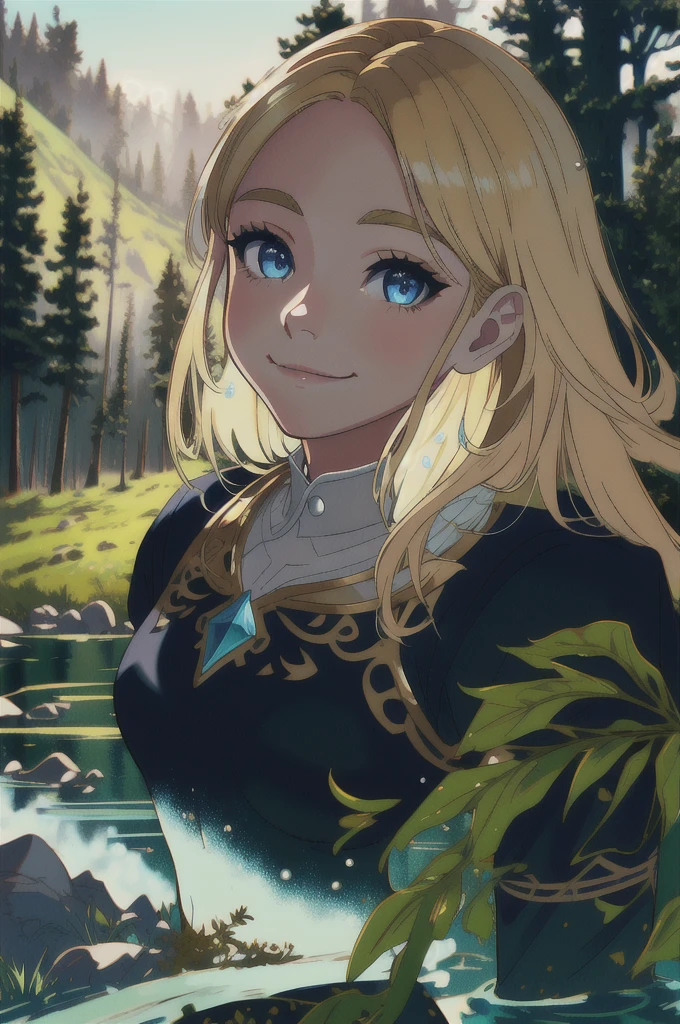 princess zelda, plain forest background, masterpiece, solo, best quality, beautiful eyes, blue_eyes, blonde_hair, smile, medium_breasts, bangs,  looking at viewer, smile, closed mouth, water drops, Ultra detailed fantasy environment, [mountains:forest:0.3], hyper realism, 8k, clearly worked out detail, intricate, cinematic,  masterpiece, 1girl,  