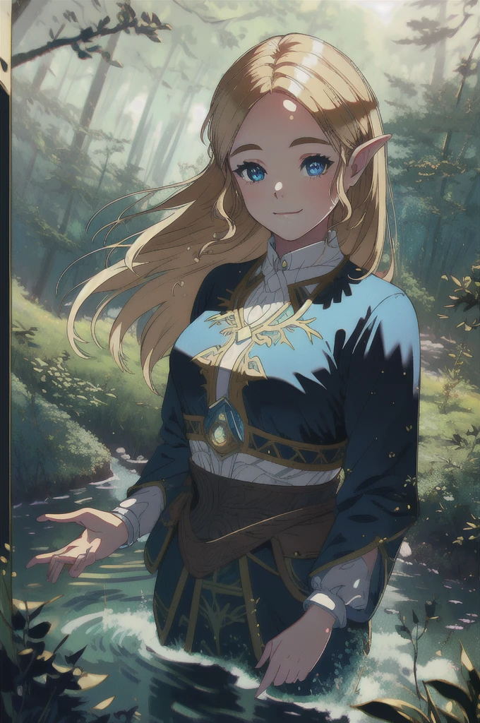 princess zelda, plain forest background, masterpiece, solo, best quality, beautiful eyes, blue_eyes, blonde_hair, smile, medium_breasts, bangs,  looking at viewer, smile, closed mouth, water drops, Ultra detailed fantasy environment, [mountains:forest:0.3], hyper realism, 8k, clearly worked out detail, intricate, cinematic,  masterpiece, 1girl,  