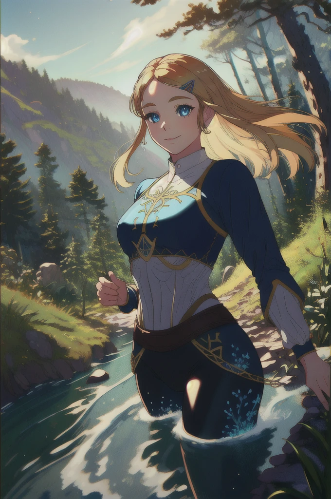 princess zelda, plain forest background, masterpiece, solo, best quality, beautiful eyes, blue_eyes, blonde_hair, smile, medium_breasts, bangs,  looking at viewer, smile, closed mouth, water drops, Ultra detailed fantasy environment, [mountains:forest:0.3], hyper realism, 8k, clearly worked out detail, intricate, cinematic,  masterpiece, 1girl,  