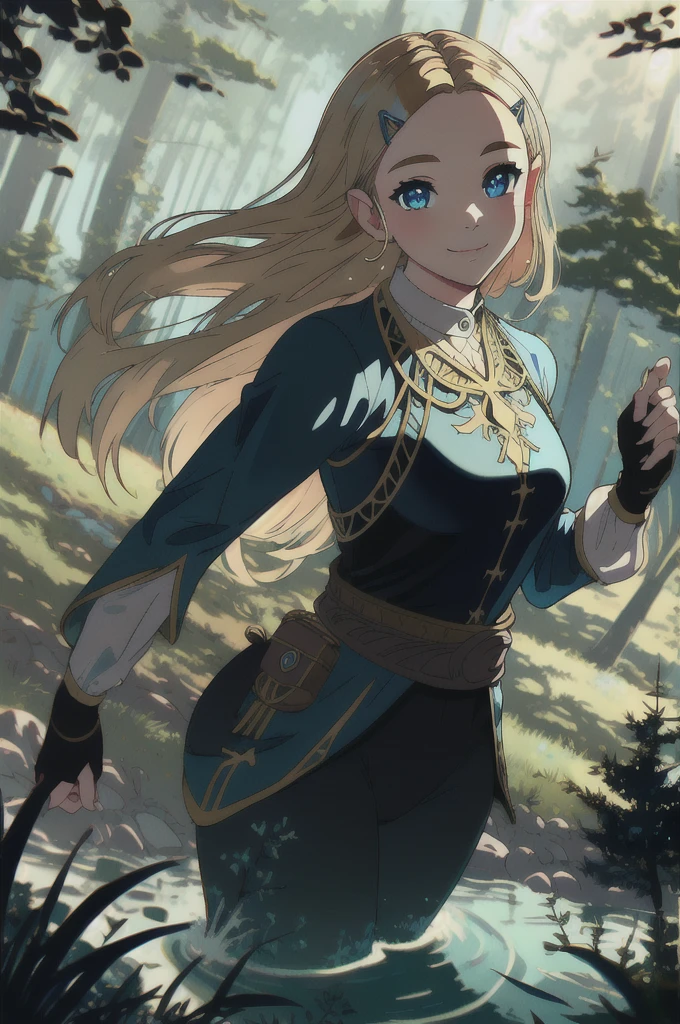 princess zelda, plain forest background, masterpiece, solo, best quality, beautiful eyes, blue_eyes, blonde_hair, smile, medium_breasts, bangs,  looking at viewer, smile, closed mouth, water drops, Ultra detailed fantasy environment, [mountains:forest:0.3], hyper realism, 8k, clearly worked out detail, intricate, cinematic,  masterpiece, 1girl,  