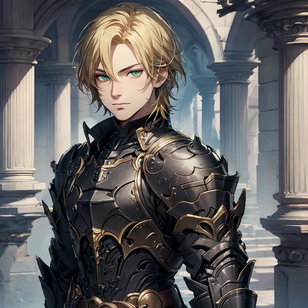 masterpiece, best quality, 1man, adult, male focus, solo, blonde hair, medium hair, vibrant black eyes, looking at viewer, closed mouth, Fantasy aesthetics, Highly detailed, shadowverse style, black armor