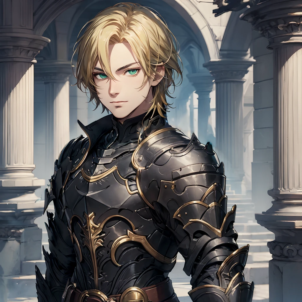 masterpiece, best quality, 1man, adult, male focus, solo, blonde hair, medium hair, vibrant black eyes, looking at viewer, closed mouth, Fantasy aesthetics, Highly detailed, shadowverse style, black armor