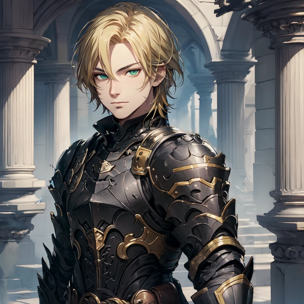 masterpiece, best quality, 1man, adult, male focus, solo, blonde hair, medium hair, vibrant black eyes, looking at viewer, closed mouth, Fantasy aesthetics, Highly detailed, shadowverse style, black armor