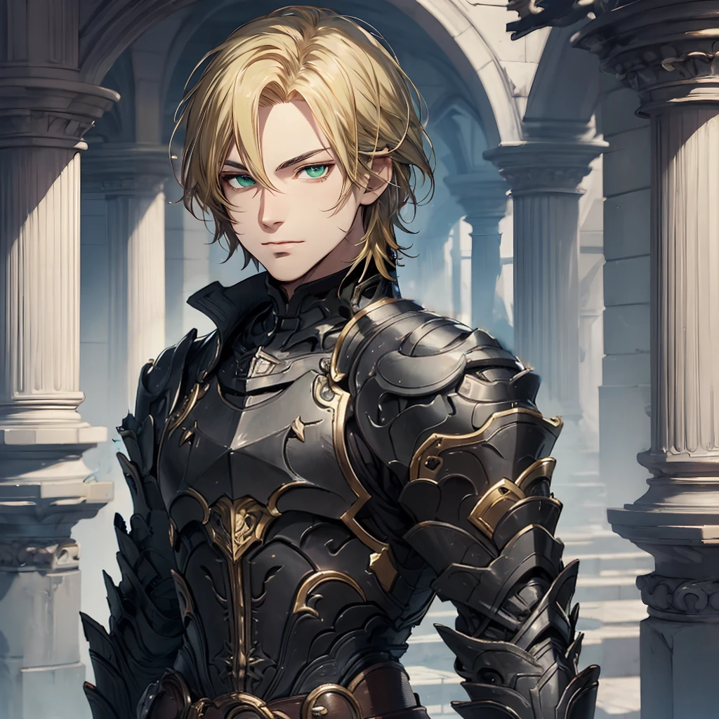 masterpiece, best quality, 1man, adult, male focus, solo, blonde hair, medium hair, vibrant black eyes, looking at viewer, closed mouth, Fantasy aesthetics, Highly detailed, shadowverse style, black armor