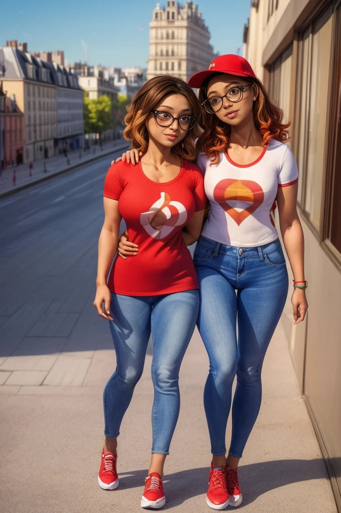 (masterpiece, best quality:1.2), A couple , boy Nino Lahiffe: Brown skin, dark hair, usually seen wearing a red cap, glasses, and casual clothing like a T-shirt and jeans, and a girl Alya Césaire: Brown skin, curly dark brown hair, often wears glasses, and typically seen in stylish, casual outfits. A casual day out with both characters in their everyday attire,Sharing a tender moment, like sitting on a rooftop overlooking Paris..(girl and boy:1), smiling, ((high resolution illustration)), ((extremely detailed)), (couple), Alya, Nino, Nino X Alya, (best quality,4k,8k,highres,masterpiece:1.2), ultra-detailed, realistic:1.37, HDR, studio lighting, extreme detail description, nino wearing a red cap, professional, vibrant colors, bokeh, ((muscular female bodybuilder)), detailed lips, strong embrace, romantic scene, intimate moment, intense passion, athletic bodies, fitness couple, gym.