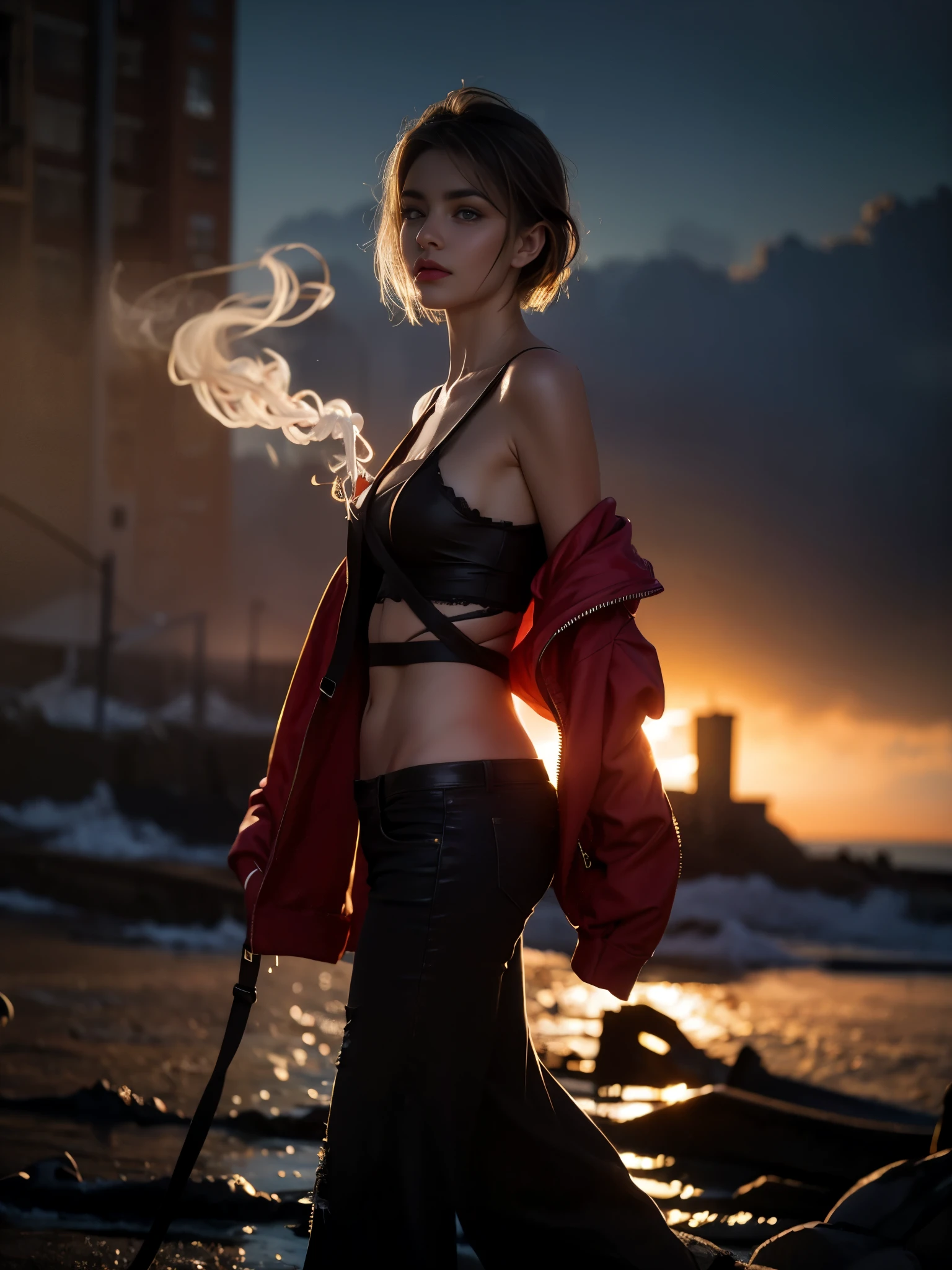 Realistic Photography, Beautiful elder Female Short hair. The atmosphere is horrific, laden with sadness and a profound sense of melancholy. The woman's torn clothing is rendered with vibrant colors. [The character is surrounded by mist, evoking a mysterious and eerie atmosphere. The lighting is dark and atmospheric, with a red smoke adding a touch of sinister ambiance. The image is of the best quality, with a resolution of 4k and HDR enhancement, showcasing the utmost level of detail and realism, sfw, full body shot.]. [8K, Best Quality, Masterpiece, Ultra High Resolution, (highly detailed CG unity 8k wallpaper), (best photo), (best shadows), isometric 3D, octane rendering, ray tracing, highly detailed, (Best quality, 4K, 8k, A high resolution, masterpiece:1.2), absurdity, masterpiece, ultra detailed, (realistic, photorealistic, photorealistic:1.37), complex parts, HDR, (complex parts:1.12), (hyper detailed, hyper realistic, Soft lighting, spicy:1.2), (complex parts, Hyper detailed:1.15). Blurred foreground. (backlit), realistic, masterpiece, high quality, brightness, chromatic aberration, 8k uhd, some smoke, shadows, contrast, clear sky, (warm hue, warm tone), high details, natural reflections]. 