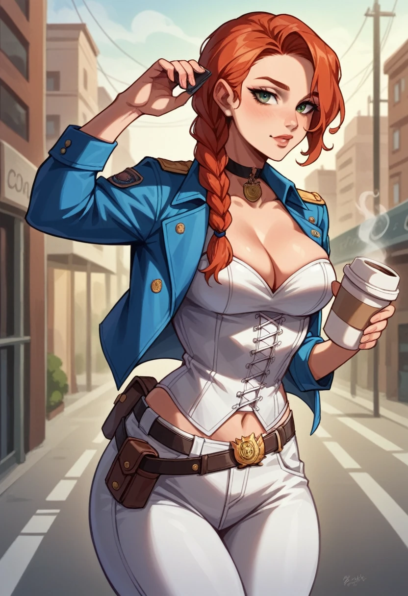 NSFW,One girl, Portrait of a beautiful donkey pex, Athletic ability, Blue jacket, White corset, skirt, White trousers, Police Medal,Holster on waist,Redhead, Braid, compensate, choker, Cleavage, Wide Hips, Volumetric lighting, Highest quality, masterpiece, Intricate details, Tone Mapping, Sharp focus, Super detailed, Trending on Art Station,Urban area, Realistic anime,cartoon,Urban area,Sideways glance,Coffee in hand,Looking at a smartphone