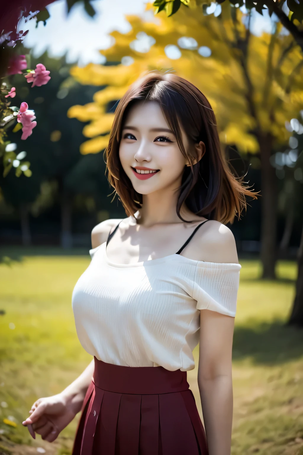 (((A beautiful woman standing in a windy park:1.3))),(Hair blowing up in the strong wind:1.3),(Shirt floating in strong wind:1.3),(Skirt floating in strong wind:1.3),Hold down the rising frilled skirt with your hands:1.3),Off the shoulder,White shirt,Looking at the audience,whole body,From above,look up,Beautiful Hands,(Reddish brown wet shiny short messy hair),Blushing cheeks,Pointed red mouth,Big Breasts,Accentuate your breasts,Perfect body curves,Beautiful clavicle,((Expressing happiness through facial expressions:1.3))),Nice face,
Detailed clothing features,Detailed hair features,Detailed facial features,Looking at the camera,,(Dynamic and sexy pose),Cinematic Light,(Highest quality,Written boundary depth,Intricate details,The contrast of light and shadow makes the subject appear three-dimensional,) ,Digital single-lens reflex camera, (Photorealistic),(Picture Mode Ultra HD,)
