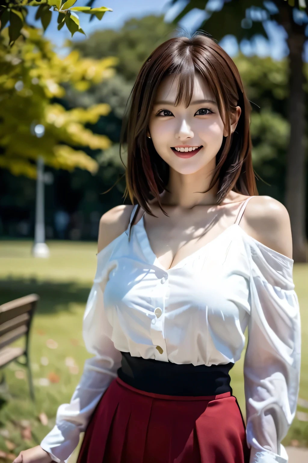 (((A beautiful woman standing in a windy park:1.3))),(Hair blowing up in the strong wind:1.3),(Shirt floating in strong wind:1.3),(Skirt floating in strong wind:1.3),Hold down the rising frilled skirt with your hands:1.3),Off the shoulder,White shirt,Looking at the audience,whole body,From above,look up,Beautiful Hands,(Reddish brown wet shiny short messy hair),Blushing cheeks,Pointed red mouth,Big Breasts,Accentuate your breasts,Perfect body curves,Beautiful clavicle,((Expressing happiness through facial expressions:1.3))),Nice face,
Detailed clothing features,Detailed hair features,Detailed facial features,Looking at the camera,,(Dynamic and sexy pose),Cinematic Light,(Highest quality,Written boundary depth,Intricate details,The contrast of light and shadow makes the subject appear three-dimensional,) ,Digital single-lens reflex camera, (Photorealistic),(Picture Mode Ultra HD,)
