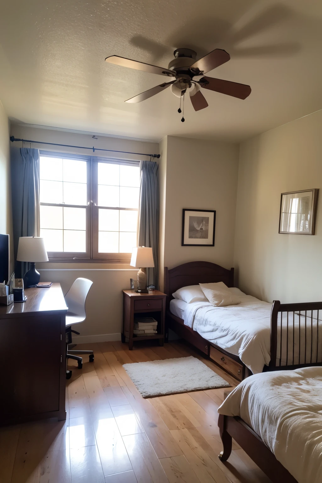 A room with two large windows, one on the front amd one on the left. There is a bed on the right close to a wordrobe and a door to the bathroom. A study table and a sofa