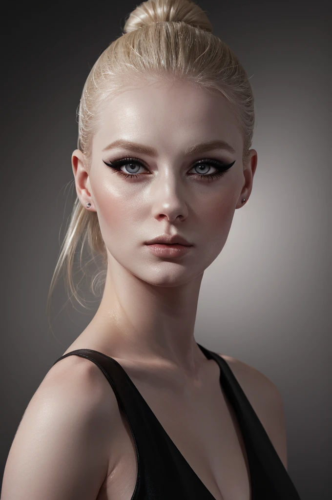 woman pretty, blonde, slicked back bun hair, blonde hair ,pale skin , eyeliner ,white skin,foxy eyeliner , makeup ,pale woman painting, beautiful light, elegant, digital painting, smooth, dramatic lighting , 8k, art , black background,black background, black wallpaper