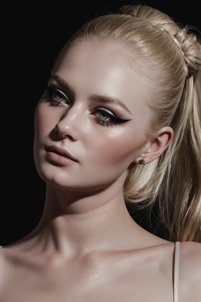 woman pretty, blonde, slicked back bun hair, blonde hair ,pale skin , eyeliner ,white skin,foxy eyeliner , makeup ,pale woman painting, beautiful light, elegant, digital painting, smooth, dramatic lighting , 8k, art , black background,black background, black wallpaper